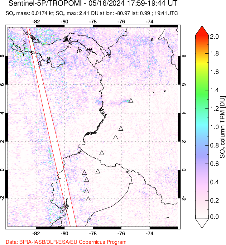 A sulfur dioxide image over Ecuador on May 16, 2024.