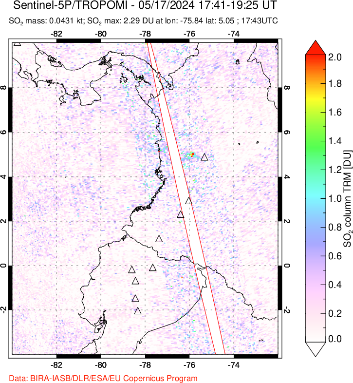 A sulfur dioxide image over Ecuador on May 17, 2024.