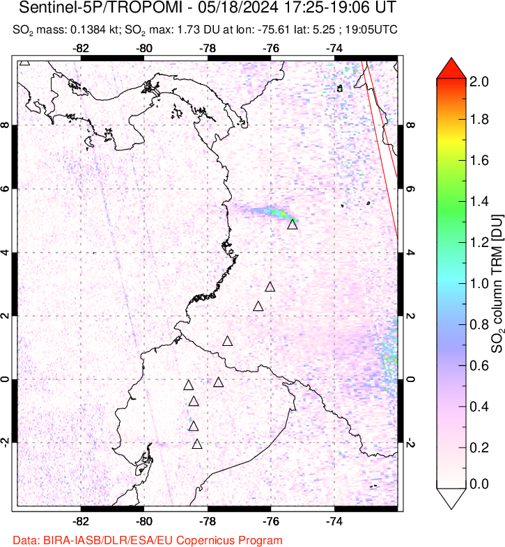 A sulfur dioxide image over Ecuador on May 18, 2024.