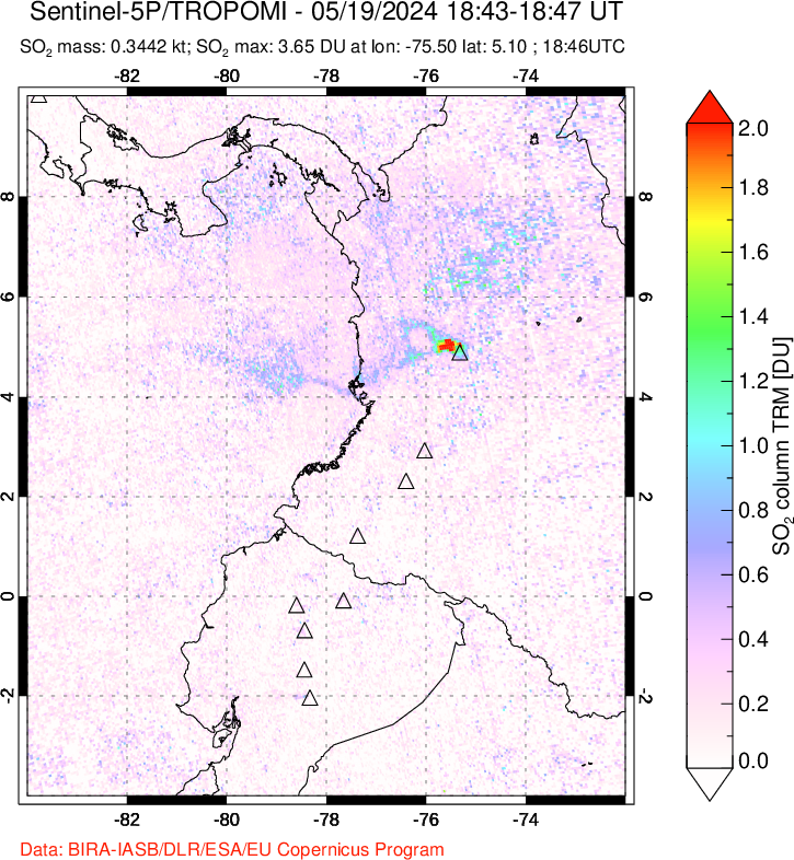 A sulfur dioxide image over Ecuador on May 19, 2024.