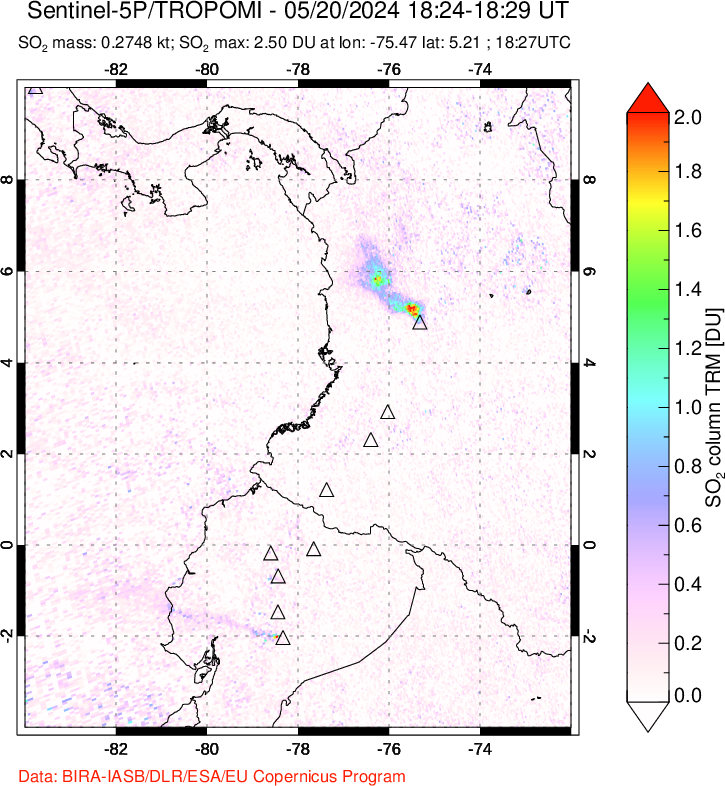 A sulfur dioxide image over Ecuador on May 20, 2024.