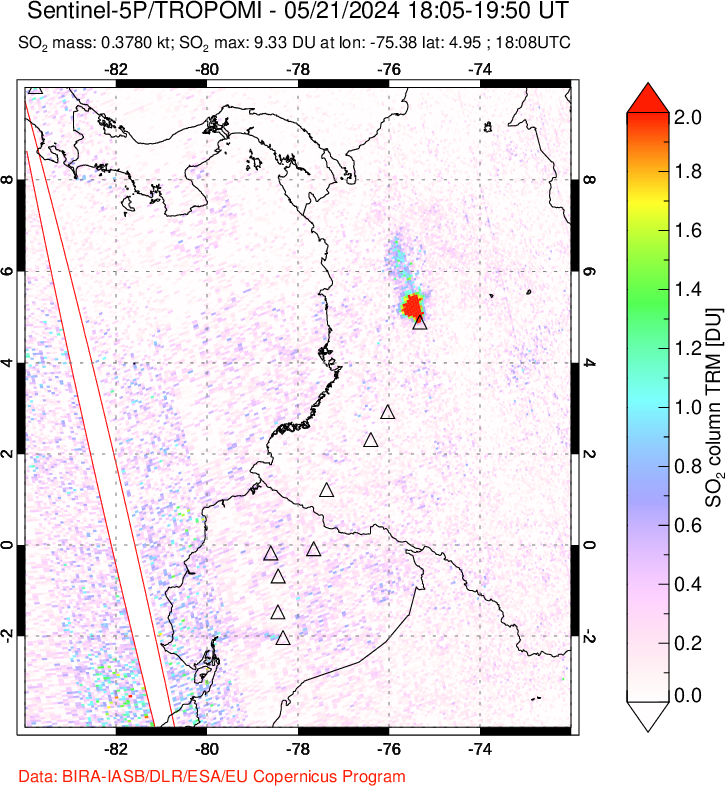 A sulfur dioxide image over Ecuador on May 21, 2024.