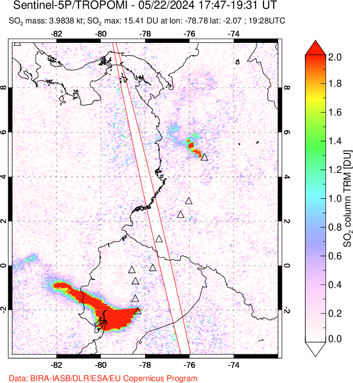 A sulfur dioxide image over Ecuador on May 22, 2024.