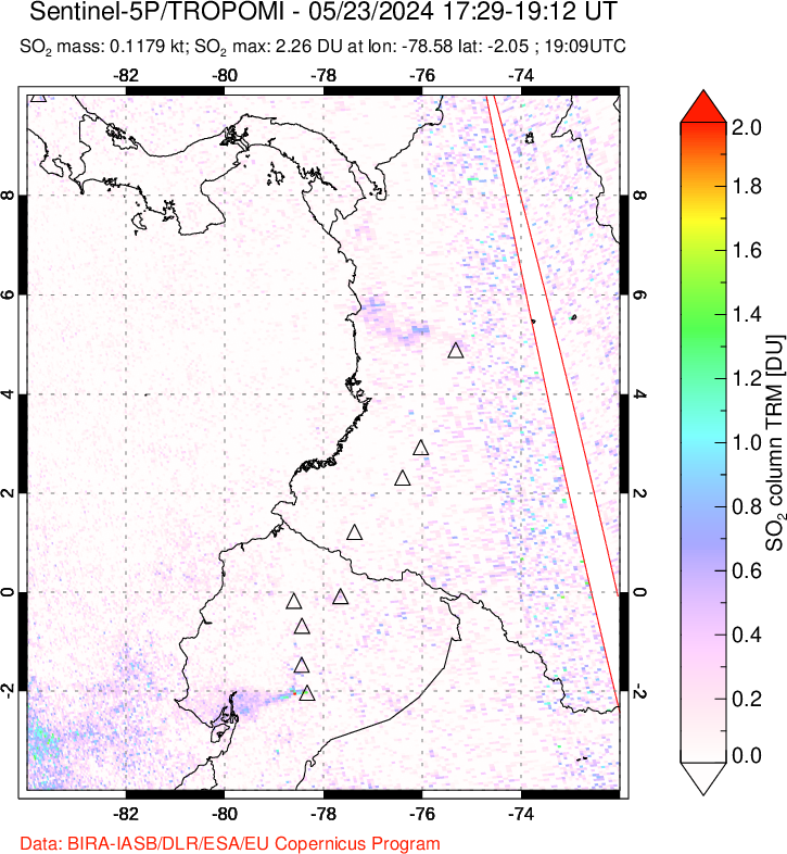 A sulfur dioxide image over Ecuador on May 23, 2024.