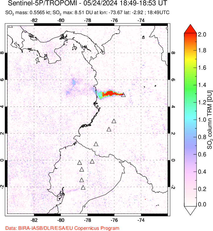 A sulfur dioxide image over Ecuador on May 24, 2024.