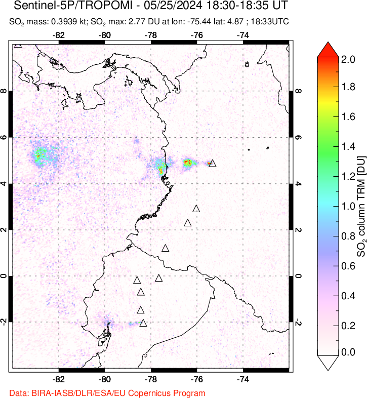 A sulfur dioxide image over Ecuador on May 25, 2024.