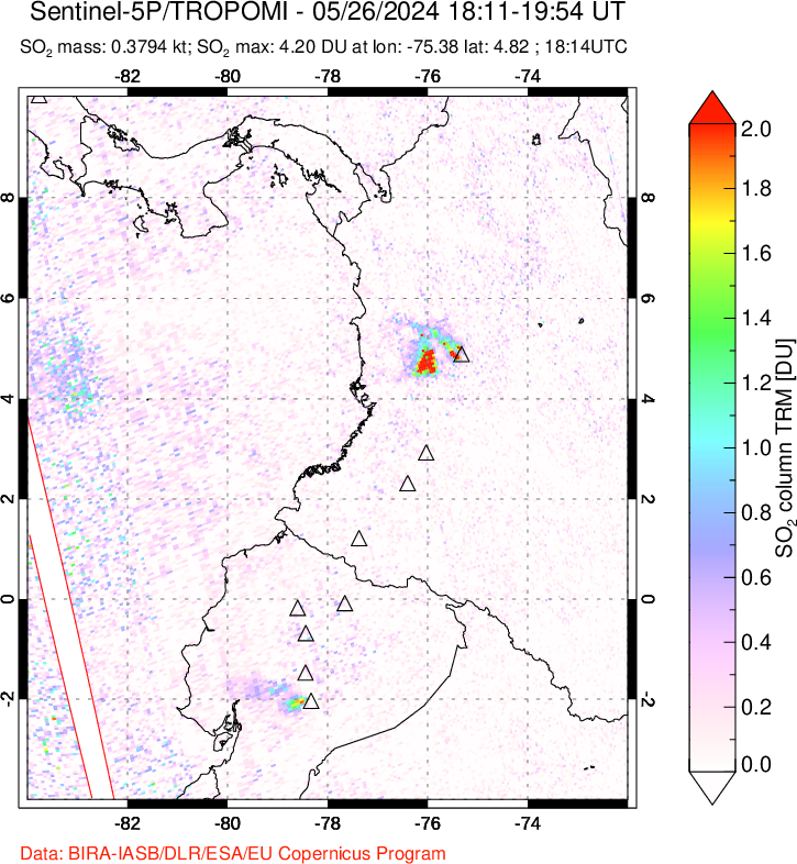 A sulfur dioxide image over Ecuador on May 26, 2024.