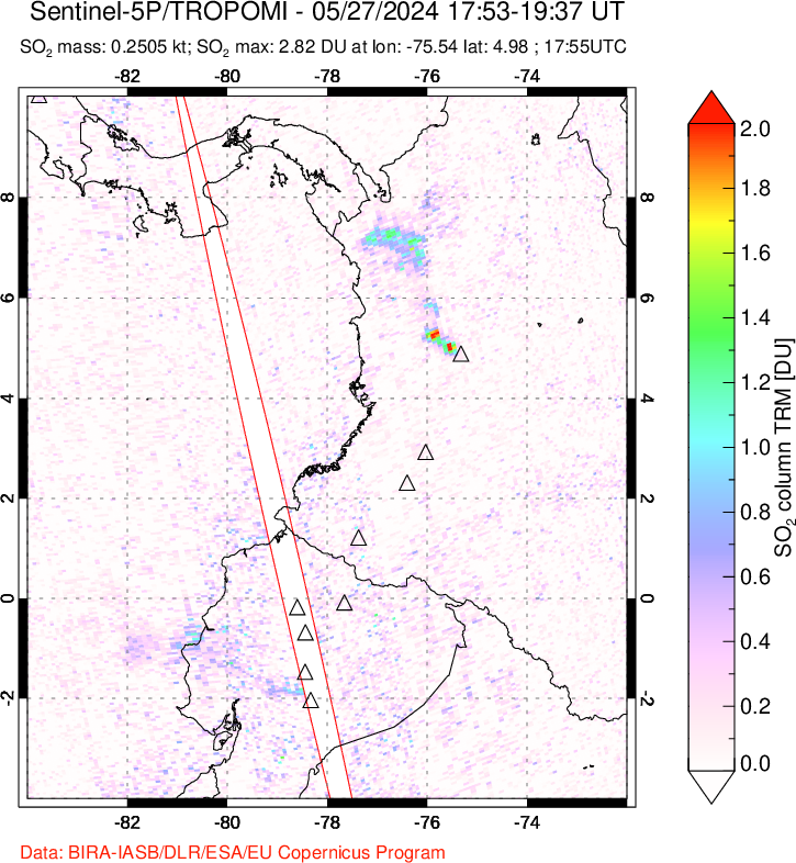 A sulfur dioxide image over Ecuador on May 27, 2024.