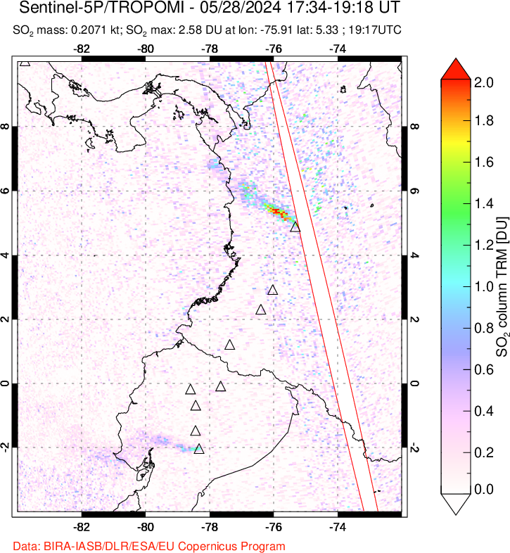 A sulfur dioxide image over Ecuador on May 28, 2024.