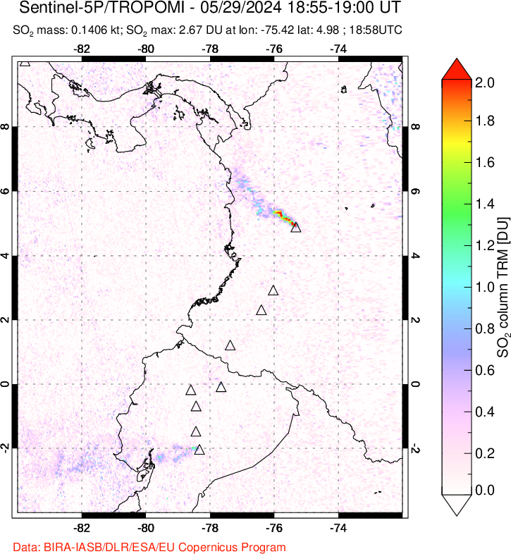 A sulfur dioxide image over Ecuador on May 29, 2024.