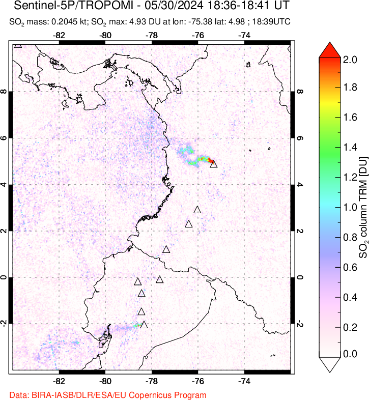 A sulfur dioxide image over Ecuador on May 30, 2024.