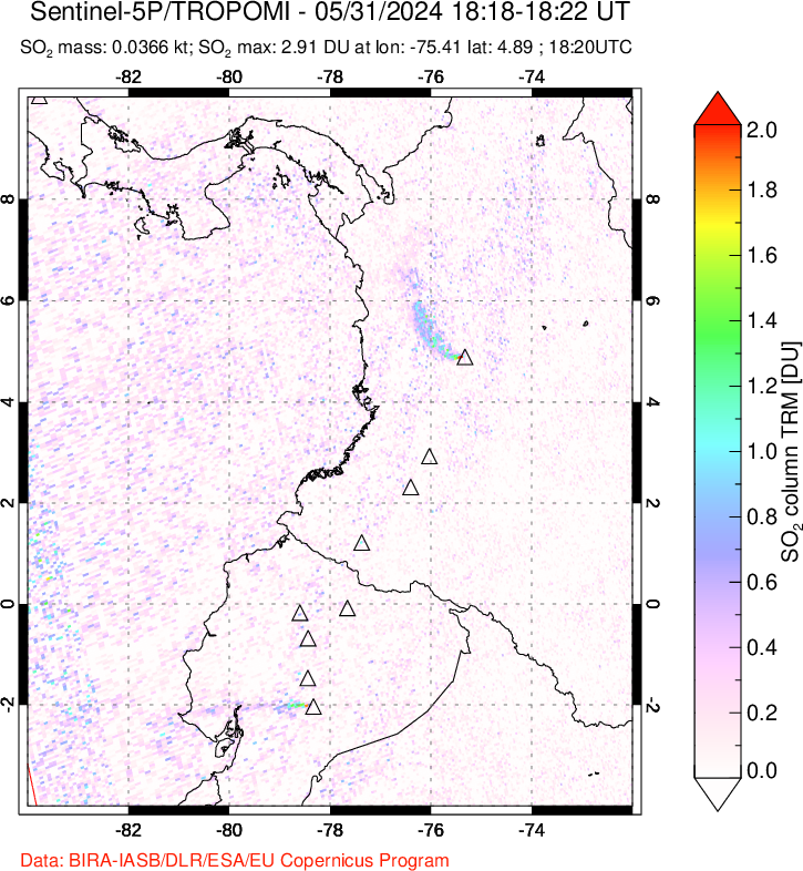 A sulfur dioxide image over Ecuador on May 31, 2024.