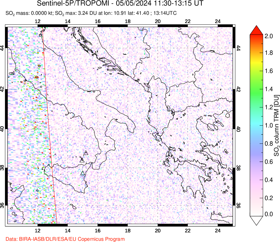 A sulfur dioxide image over Etna, Sicily, Italy on May 05, 2024.