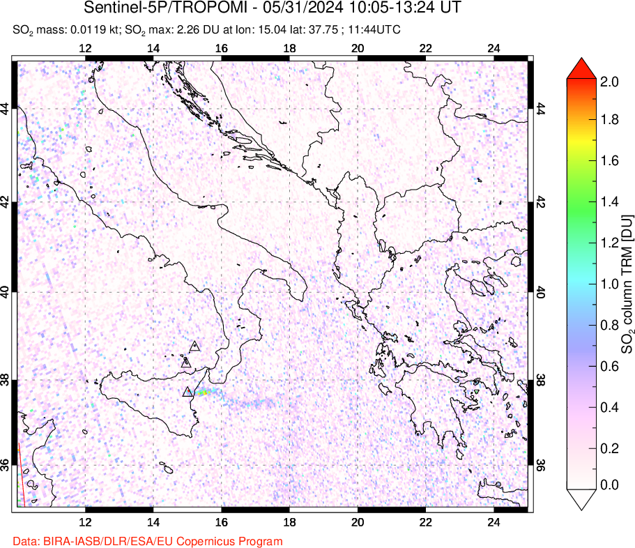 A sulfur dioxide image over Etna, Sicily, Italy on May 31, 2024.