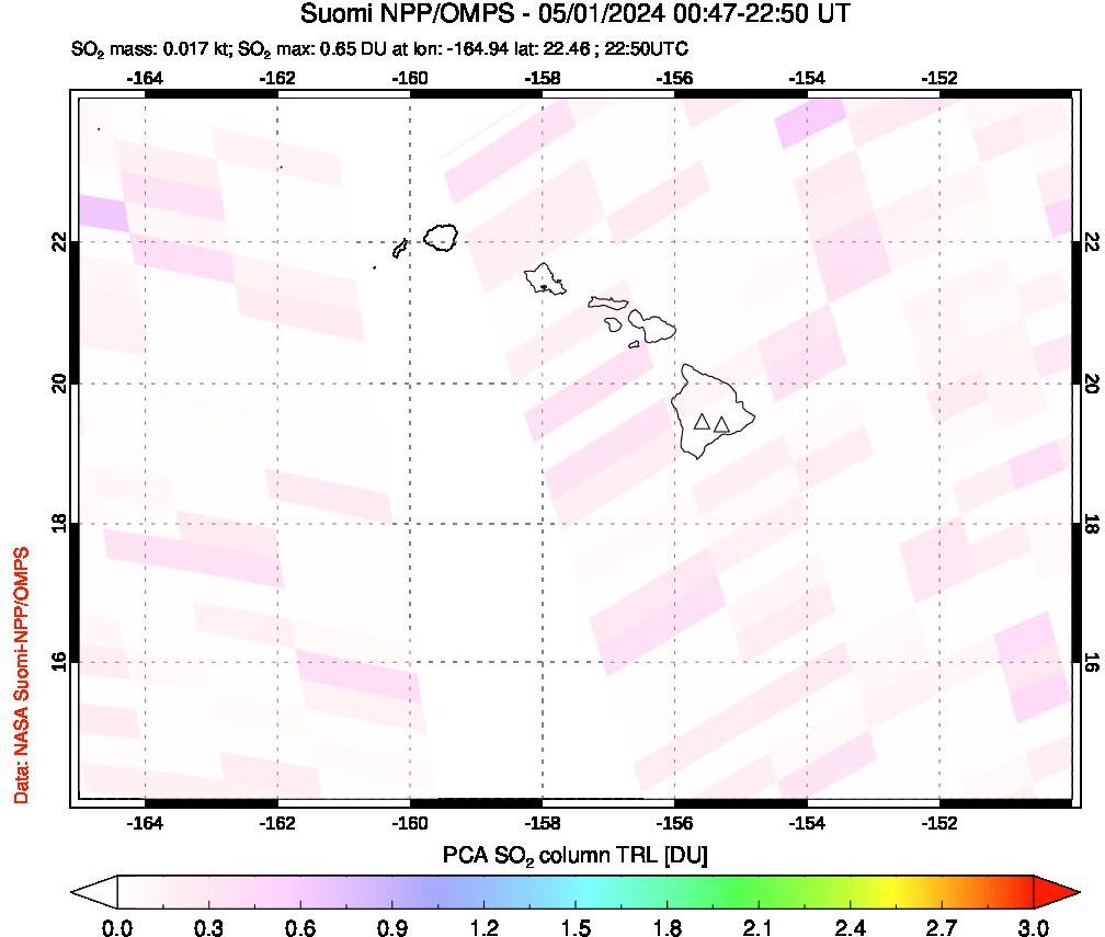 A sulfur dioxide image over Hawaii, USA on May 01, 2024.