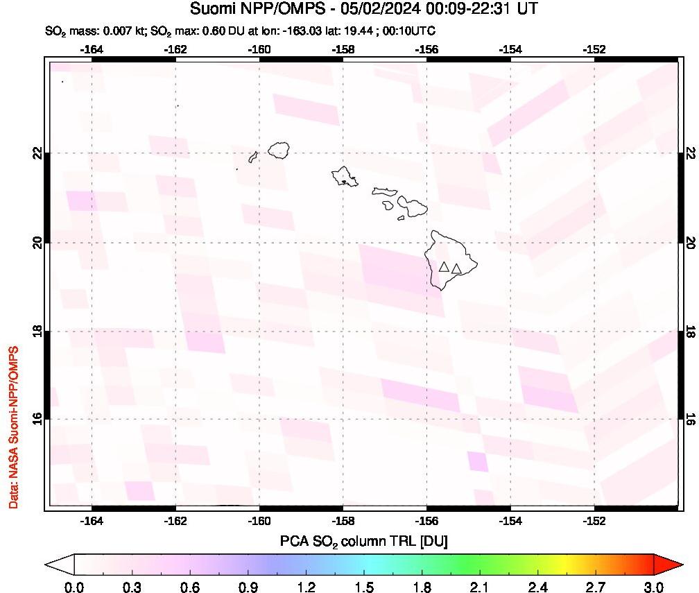 A sulfur dioxide image over Hawaii, USA on May 02, 2024.