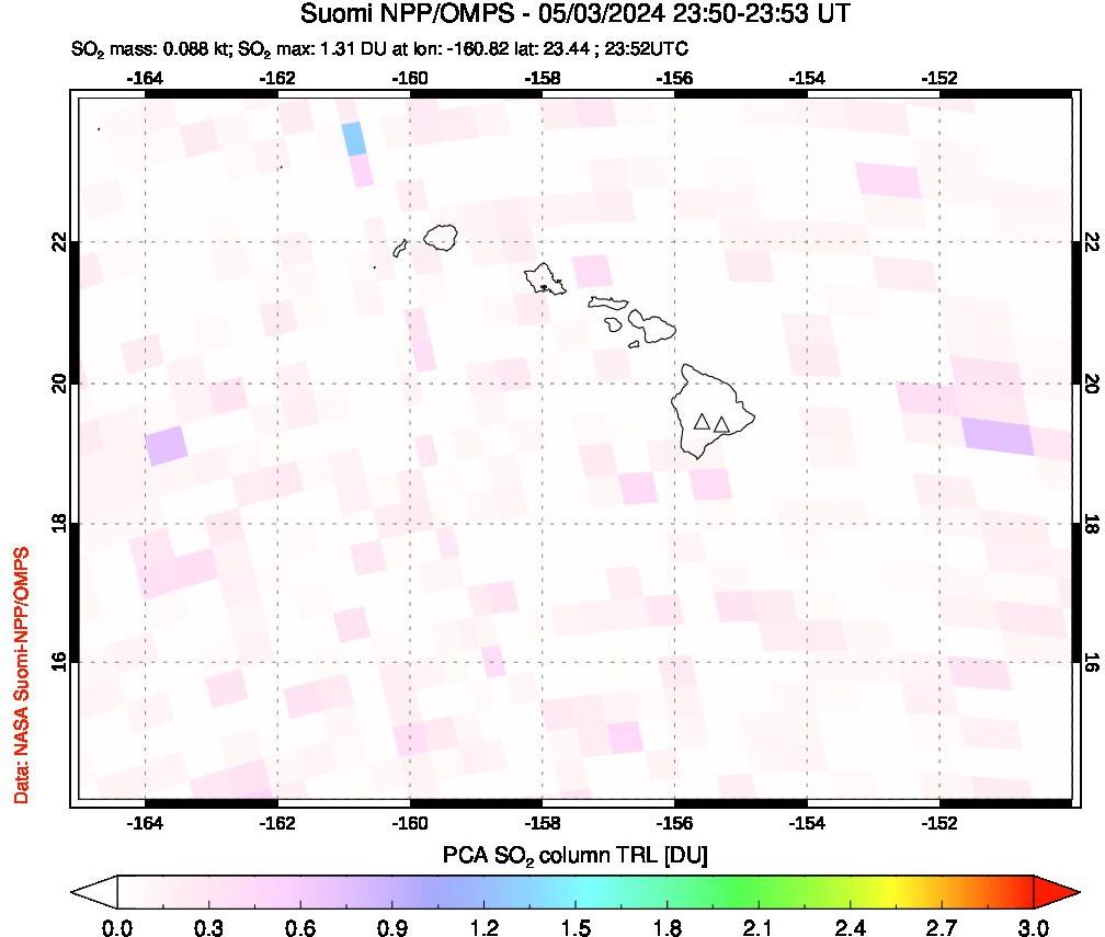 A sulfur dioxide image over Hawaii, USA on May 03, 2024.