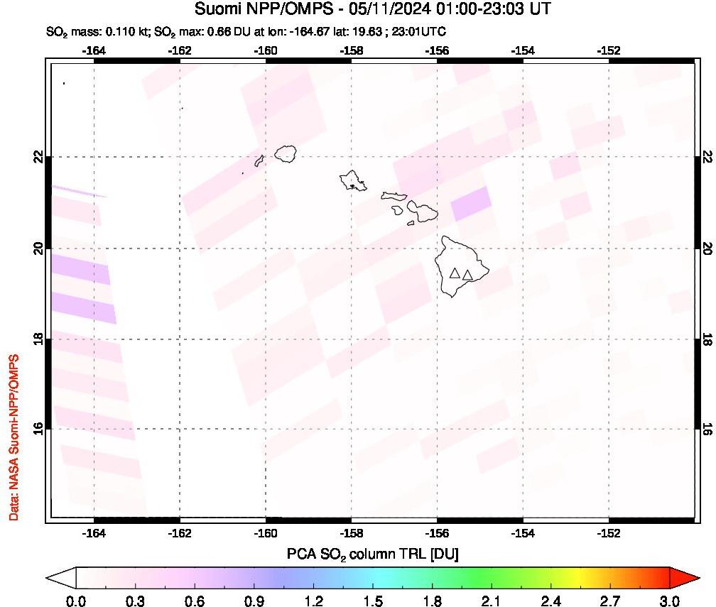 A sulfur dioxide image over Hawaii, USA on May 11, 2024.