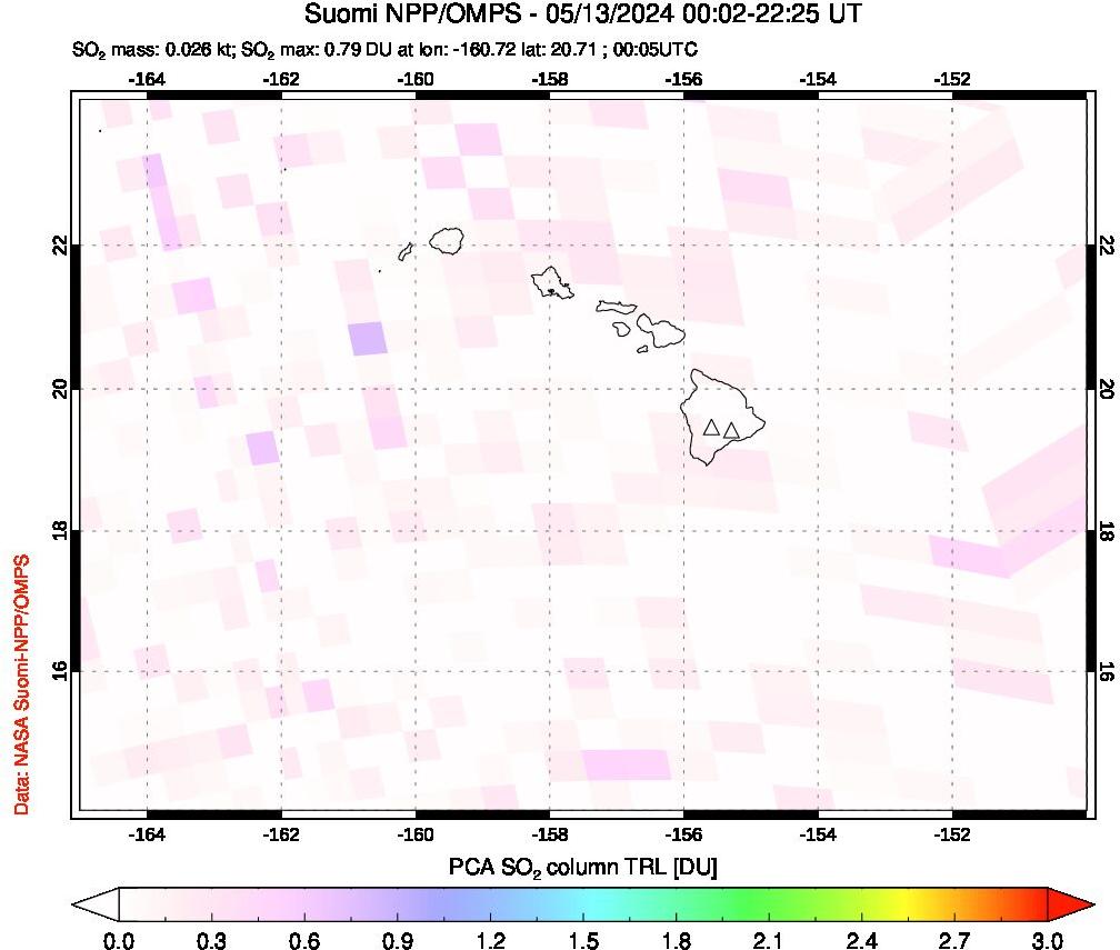 A sulfur dioxide image over Hawaii, USA on May 13, 2024.