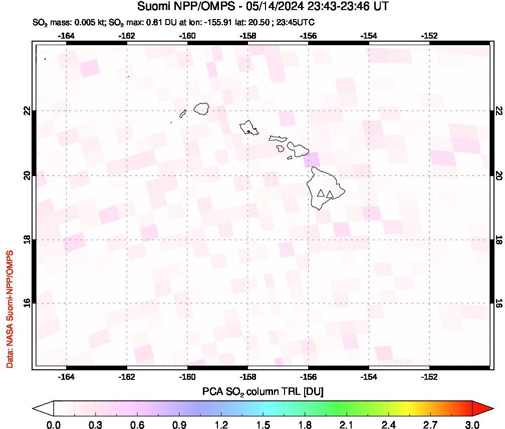 A sulfur dioxide image over Hawaii, USA on May 14, 2024.