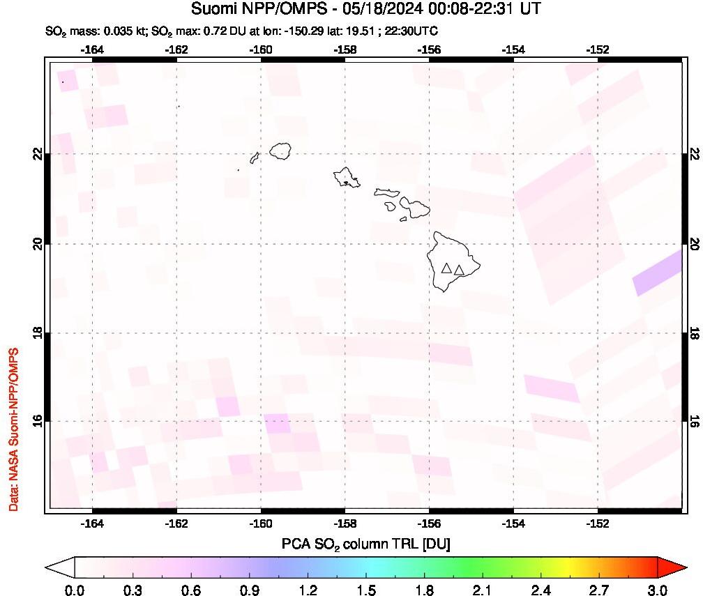 A sulfur dioxide image over Hawaii, USA on May 18, 2024.