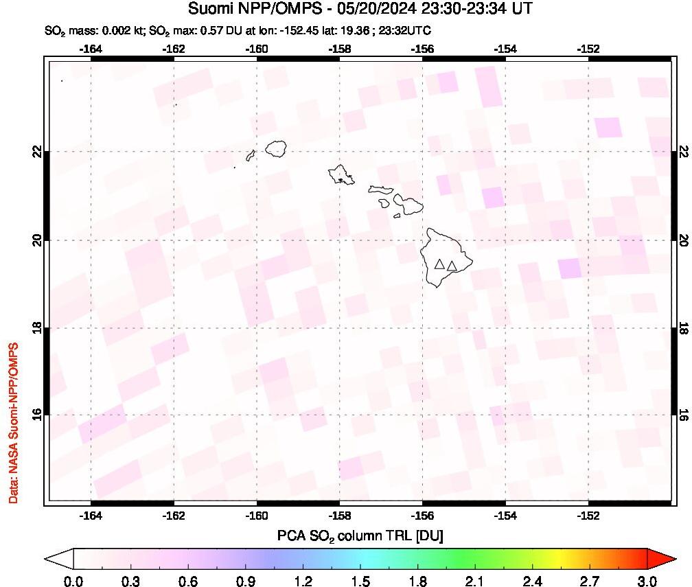 A sulfur dioxide image over Hawaii, USA on May 20, 2024.