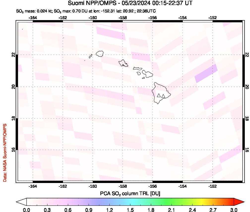 A sulfur dioxide image over Hawaii, USA on May 23, 2024.