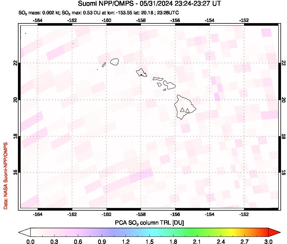 A sulfur dioxide image over Hawaii, USA on May 31, 2024.