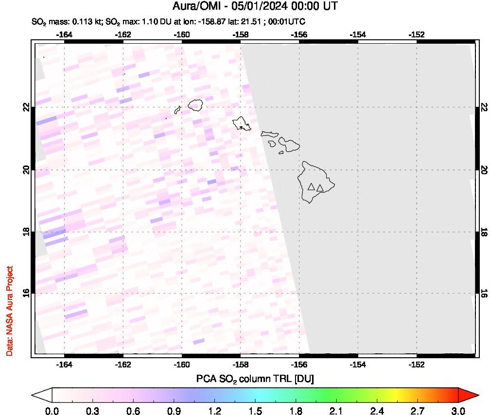 A sulfur dioxide image over Hawaii, USA on May 01, 2024.