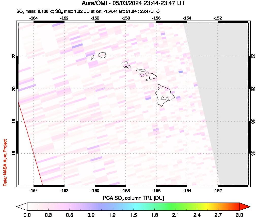A sulfur dioxide image over Hawaii, USA on May 03, 2024.