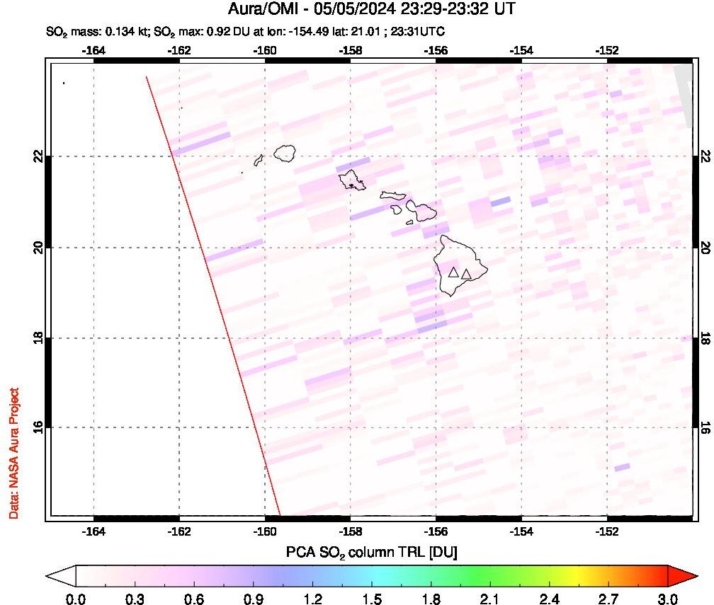 A sulfur dioxide image over Hawaii, USA on May 05, 2024.