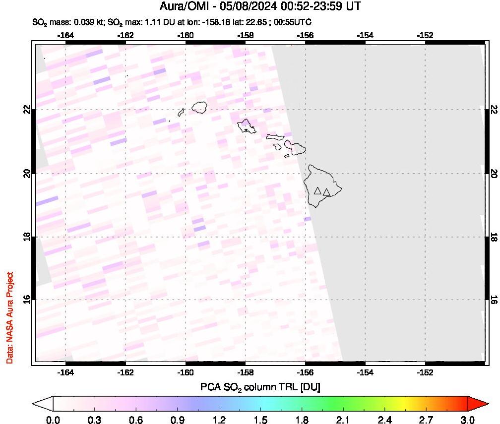 A sulfur dioxide image over Hawaii, USA on May 08, 2024.