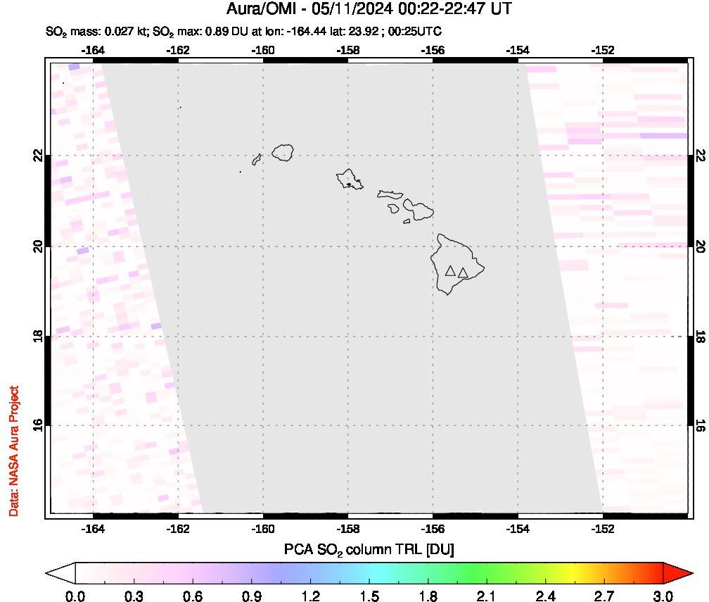 A sulfur dioxide image over Hawaii, USA on May 11, 2024.