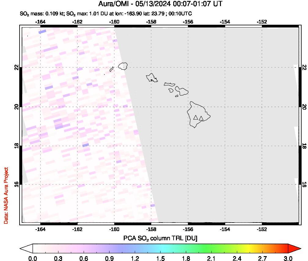 A sulfur dioxide image over Hawaii, USA on May 13, 2024.