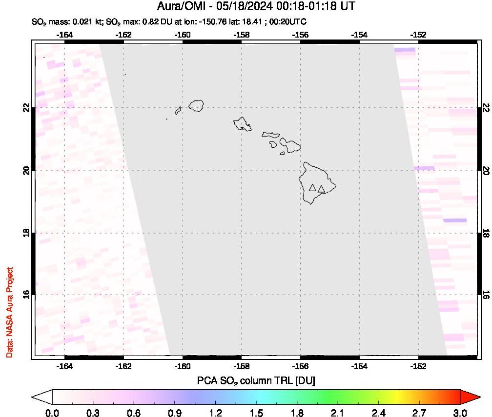 A sulfur dioxide image over Hawaii, USA on May 18, 2024.