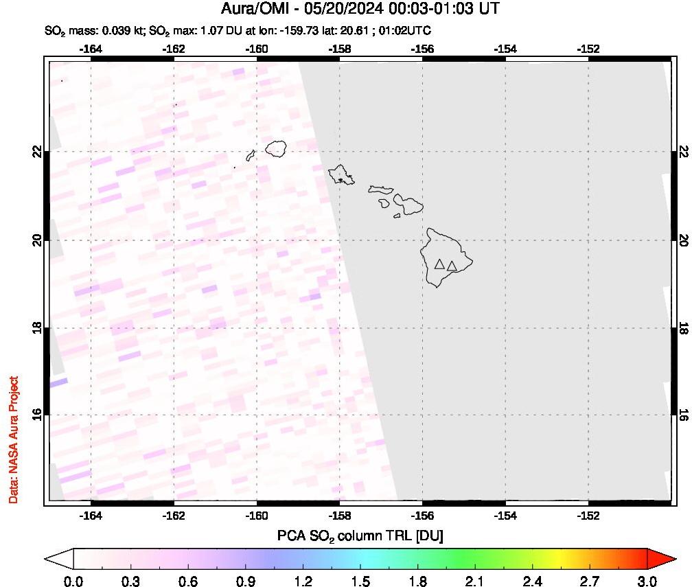 A sulfur dioxide image over Hawaii, USA on May 20, 2024.