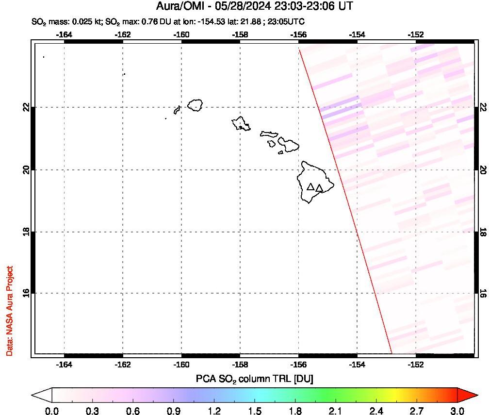 A sulfur dioxide image over Hawaii, USA on May 28, 2024.
