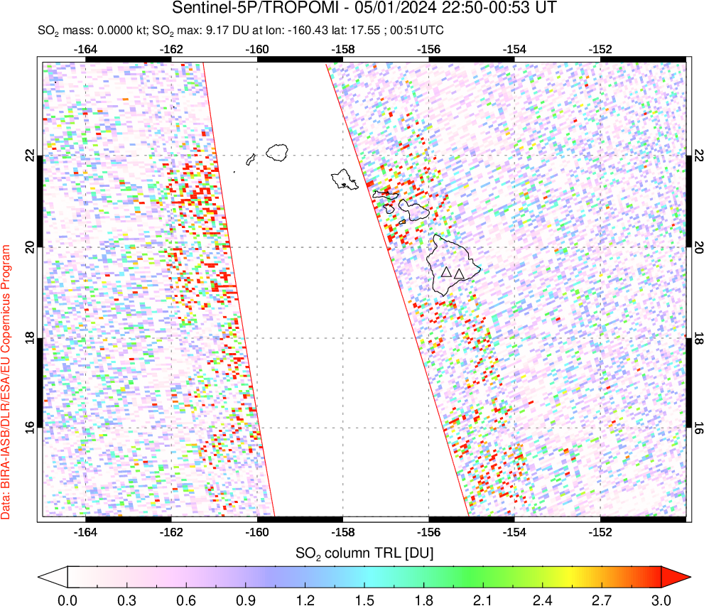 A sulfur dioxide image over Hawaii, USA on May 01, 2024.