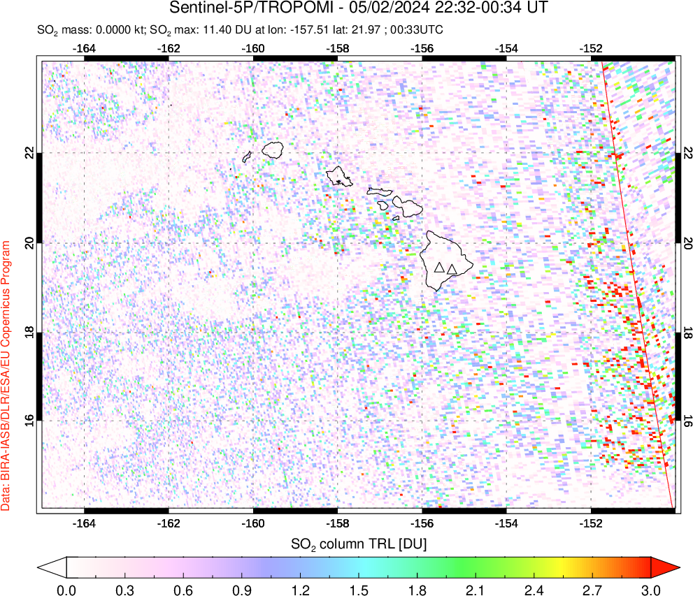 A sulfur dioxide image over Hawaii, USA on May 02, 2024.