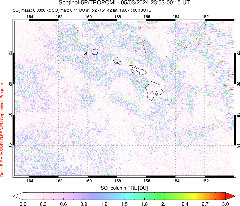 A sulfur dioxide image over Hawaii, USA on May 03, 2024.