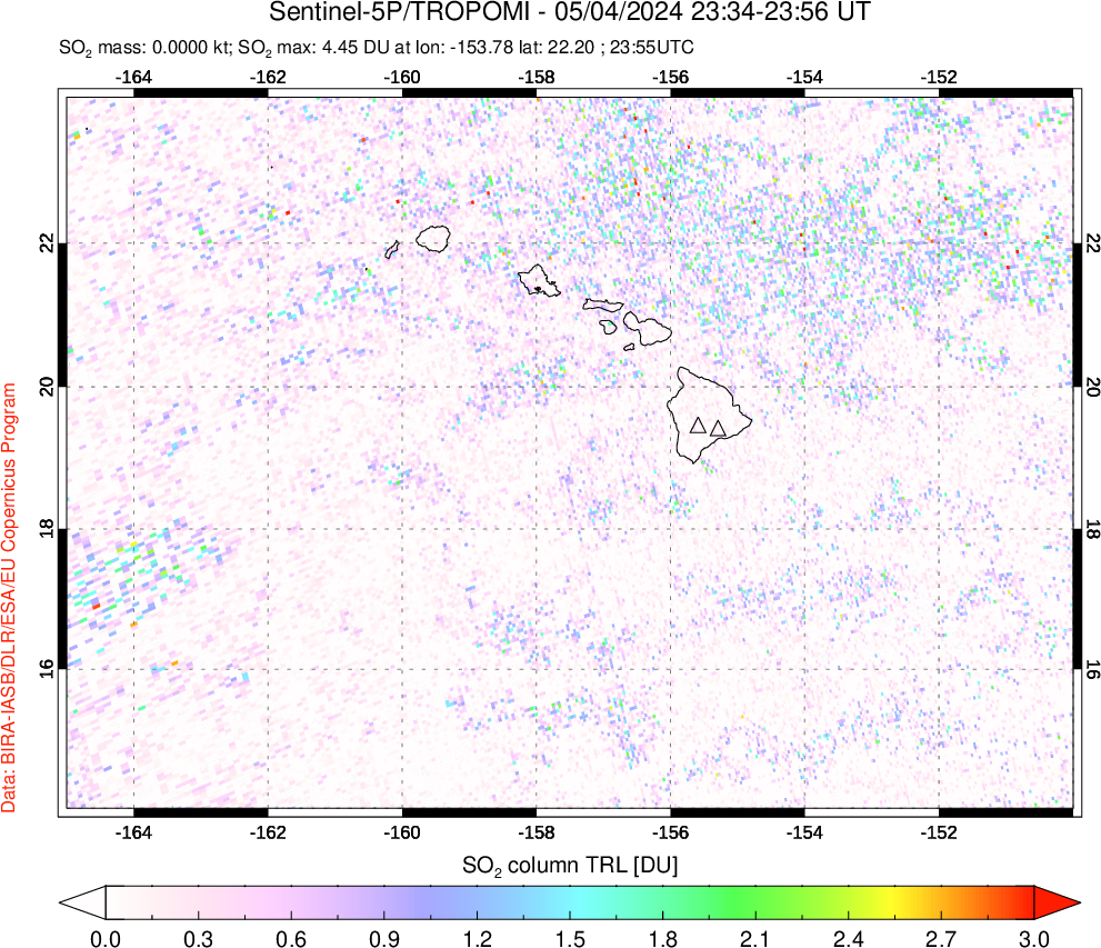 A sulfur dioxide image over Hawaii, USA on May 04, 2024.