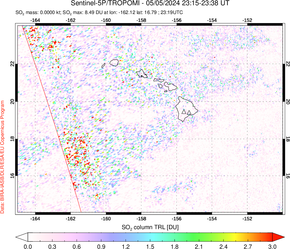 A sulfur dioxide image over Hawaii, USA on May 05, 2024.