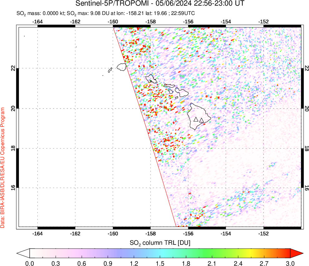 A sulfur dioxide image over Hawaii, USA on May 06, 2024.