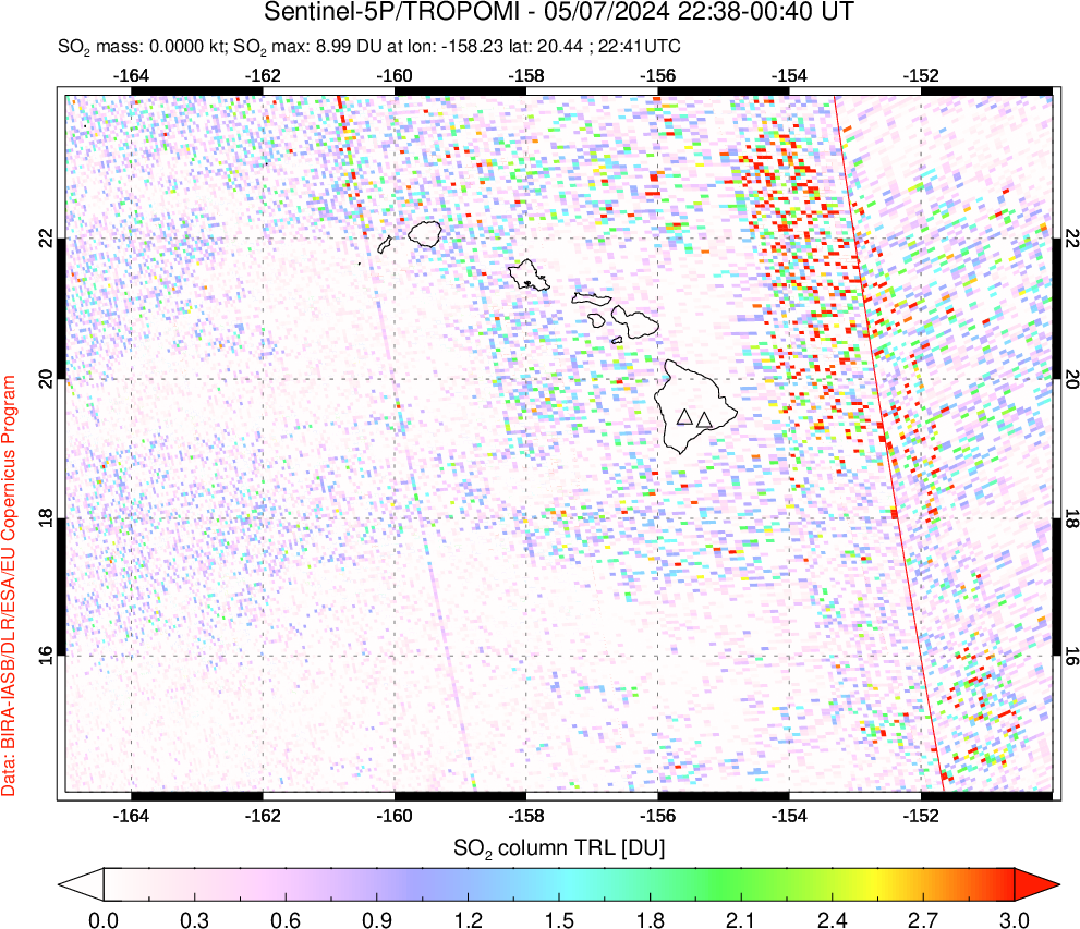 A sulfur dioxide image over Hawaii, USA on May 07, 2024.