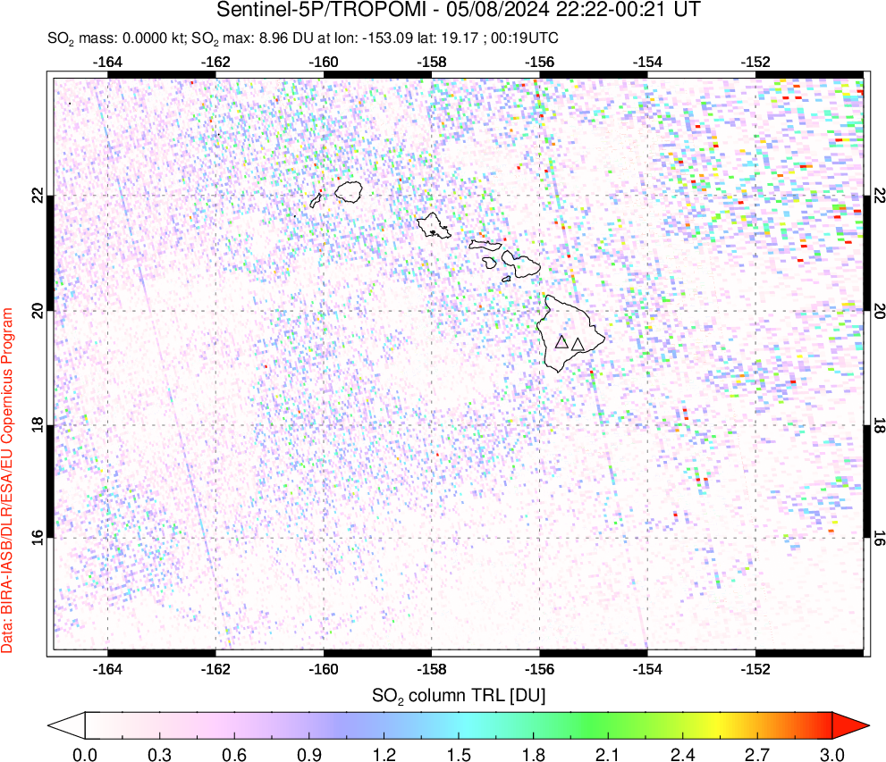 A sulfur dioxide image over Hawaii, USA on May 08, 2024.