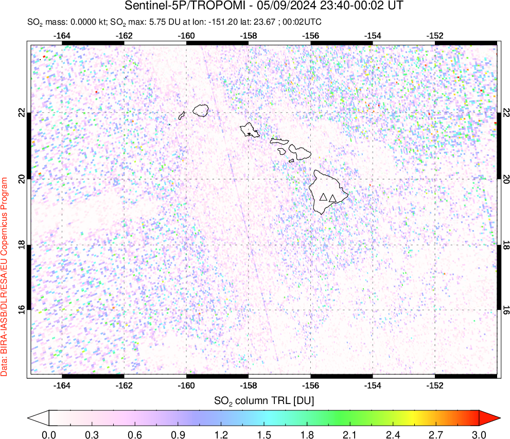 A sulfur dioxide image over Hawaii, USA on May 09, 2024.