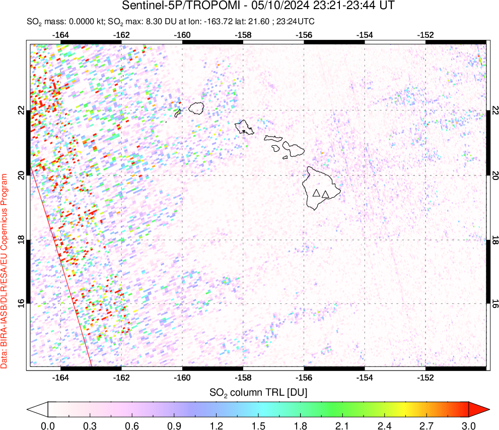 A sulfur dioxide image over Hawaii, USA on May 10, 2024.