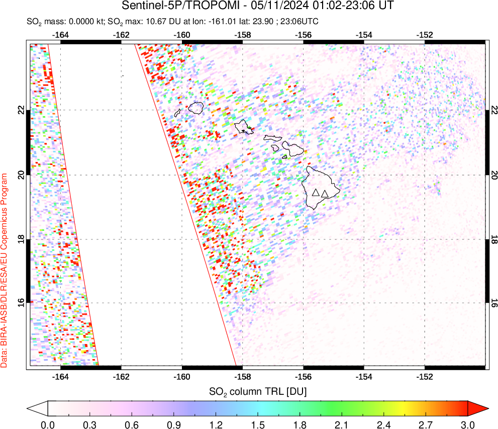 A sulfur dioxide image over Hawaii, USA on May 11, 2024.