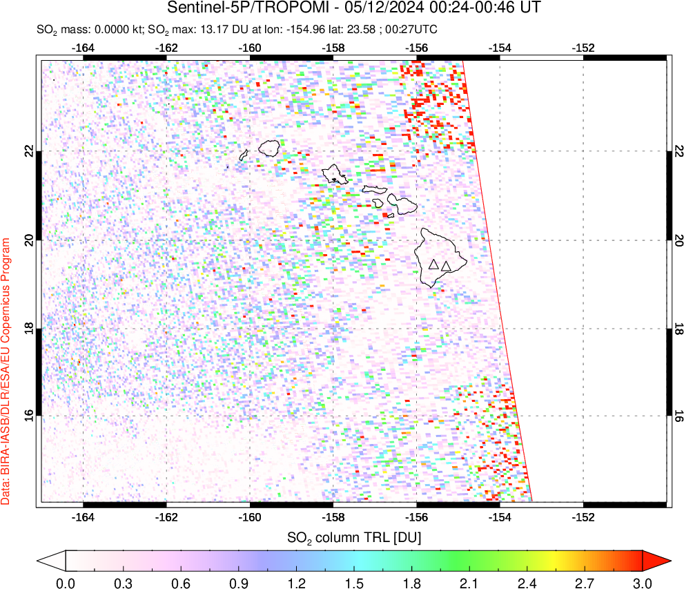 A sulfur dioxide image over Hawaii, USA on May 12, 2024.