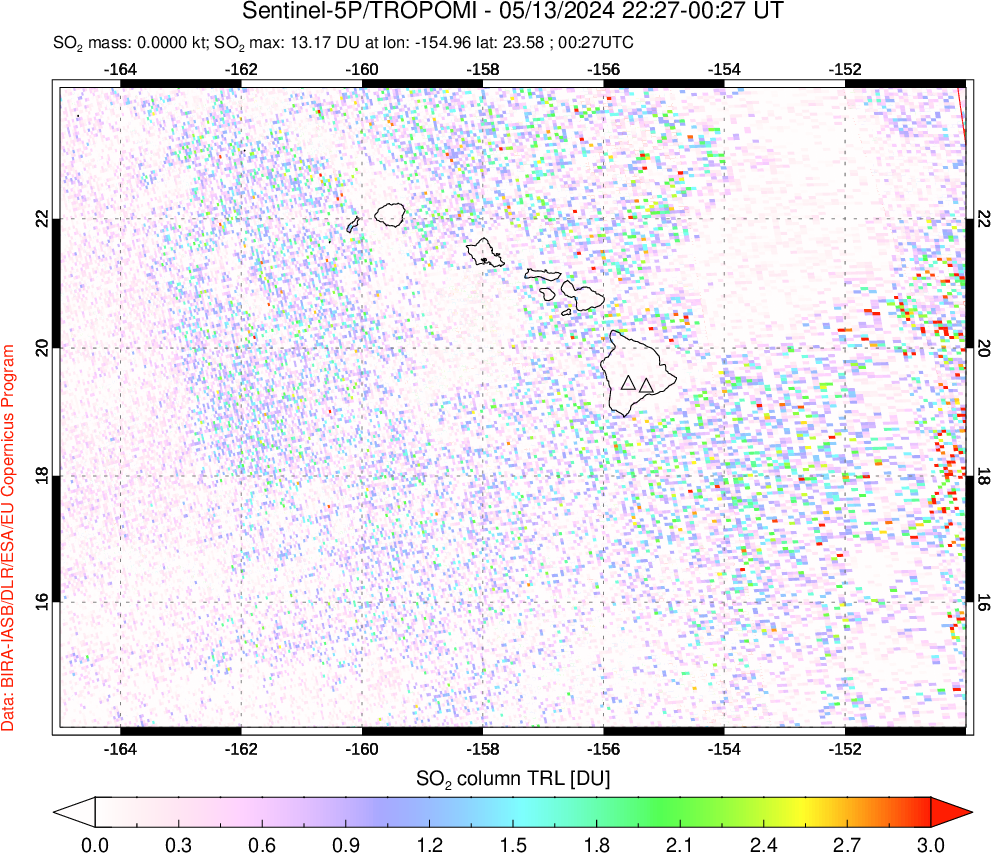 A sulfur dioxide image over Hawaii, USA on May 13, 2024.